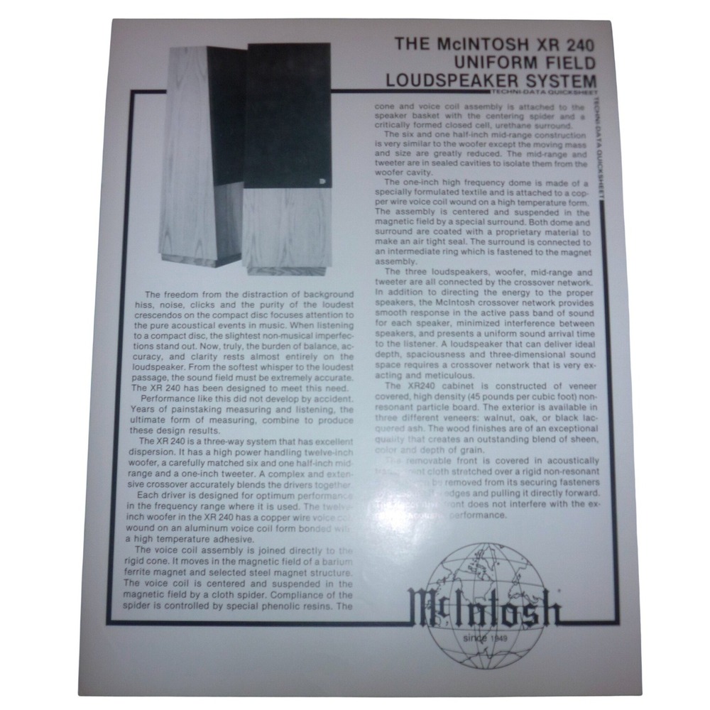McIntosh XR 240 Loudspeaker Techni-Data Quicksheet Original Vintage Spec Sheet